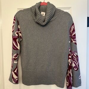 CAbi Gray Floral Cowl Neck Cotton Sweater